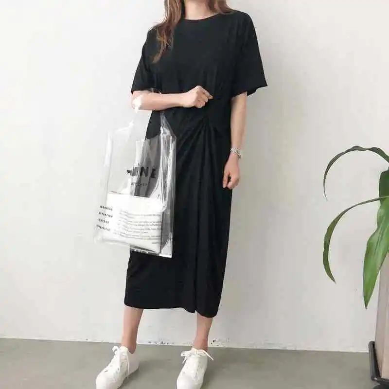 

Europe And America CHIC Short-sleeved Long Dress Side Edge Knot Slit Long T-shirt Dress Large Size Stereo Shirred Casual Dress