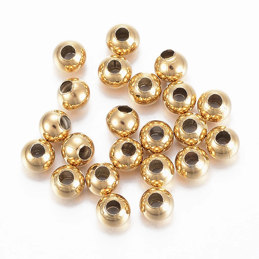 100x Round 304 Stainless Steel Beads -Golden Smooth Loose Spacer Beads 