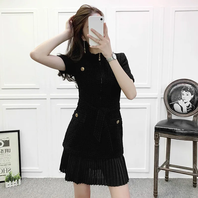 

Autumn Winter Black Women Mini Dress Tassel Stitching Pleated Clothes Ladies Tweed Short Dresses With Zipper Sashes