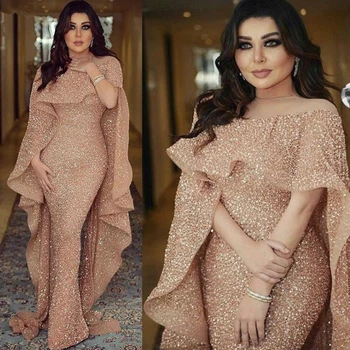 

Sparkly Glitter Sequin Evening Dress Long 2020 Mermaid Rose Gold Dubai Saudi Arabic Formal Dress Prom Party Gown Robe De Soiree