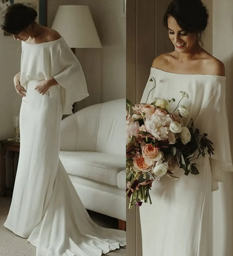 Factory price 100% Real photo SAMPLE Off-Shoulder Backless soft satin Sweep Train simple bridal gown bride wedding dress bridal gowns