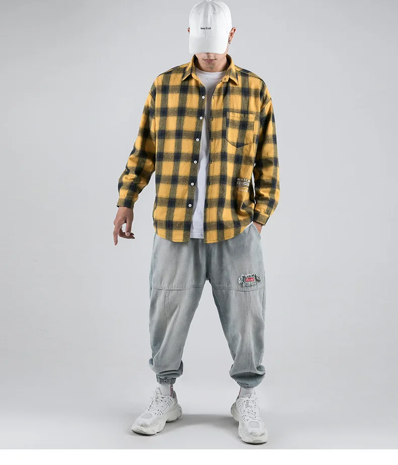 Мужская рубашка, быстрая мода, осень, весна, chemise homme, повседневная, с длинным рукавом, свободная, с принтом, клетчатая рубашка для мужчин