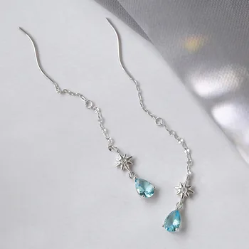 

Sweet Style Silver Blue Zircon Water Droplets Drop Earrings 925 Stars Wave Long Tassels Earring For Women Girl Fashion Jewelry