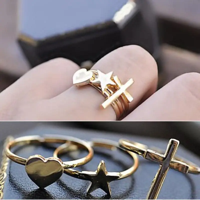 

Fashion Rings Set Retro Cross / Heart / Five-Pointed Star Three-Piece Ring For Party Makeup Decoration Women Girl