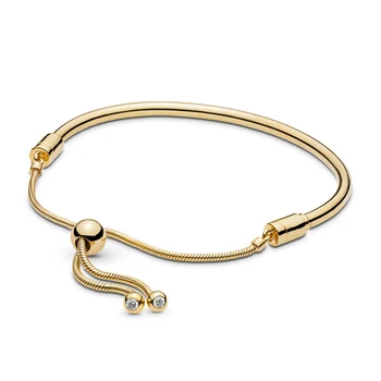 

2019 New 100% 925 Sterling Silver Sliding Bangle Bracelet Shine Gold Bangle Fit Europe Women Fashion DIY Charm Bead Jewelry Gift