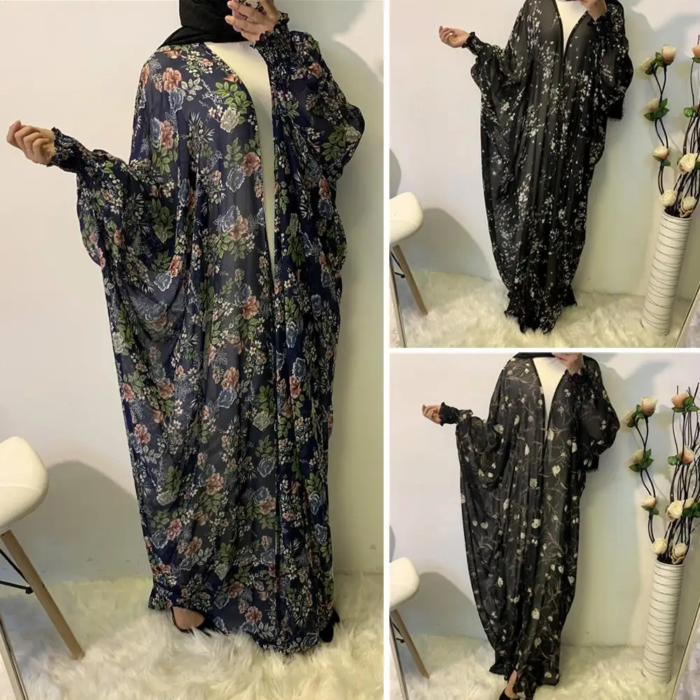 

Women Muslim Open Cardigan Abaya Kaftan Dubai Kimono Batwing Sleeve Farasha Dress Robe Gown Flower Printed Loose Arab Clothing