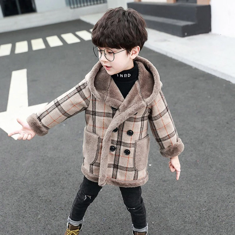 1 10 0 детская модная Вельветовая куртка Утепленная одежда с капюшоном длинное пальто; зимняя одежда для маленьких мальчиков; шерстяное пальто-лет