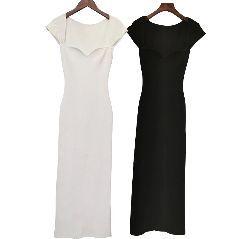 TWOTWINSTYLE Vntage Slim Knitting Women Dress Square Collar Short Sleeve High Waist Midi Dresses For Female Fashion 2020 Clothes