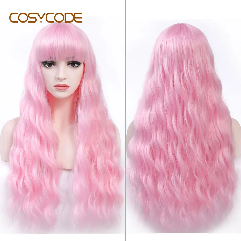 COSYCODE натуральный коричневый парик с челкой длинные волнистые вьющиеся парик 26 дюймов Синтетические Косплей вечерние парики для женщин - Цвет: Pink