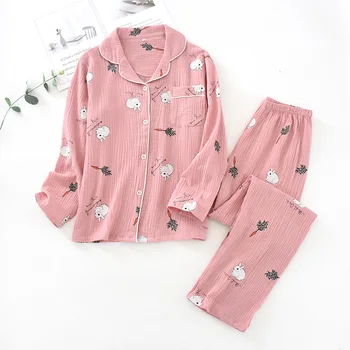 

Women's Cotton Crepe Pajamas Home Cloth Double Gauze Comfortable and Breathable Ladies Cartoon Printing Sleepwear Pj Set