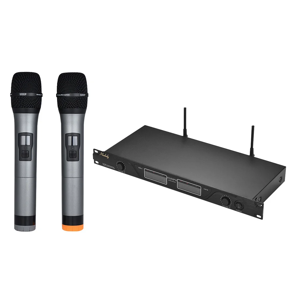 

Wireless Microphone Mic System Dual Channels LCD Display Receiver 2 Handheld Microphones 6.35mm Audio Cable Power Adapter