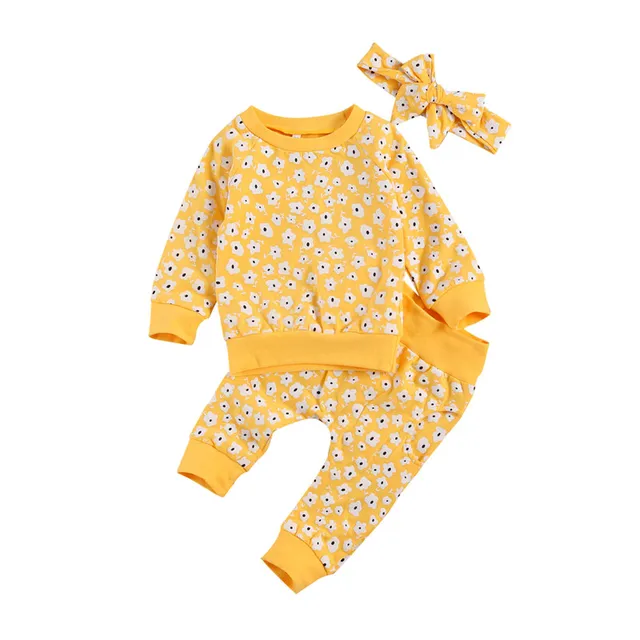 Spring New Fall Autumn Infant Baby Girls 3Pcs Set Long Sleeve Lovely Print Top Pants Headband Toddler Outfits Clothes 2
