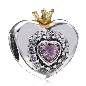 

Authentic 925 Sterling Silver Bead Charm Princess Heart With Pink Crystal Beads Fit Bracelet Bangle Diy Jewelry