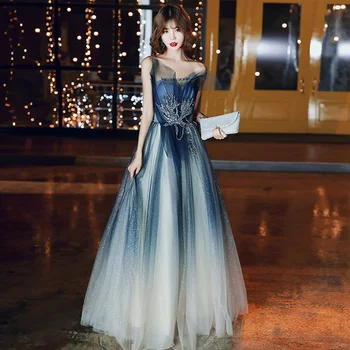 

Gradient Navy Blue Evening Dresses Strapless Sequins Appliques Tulle A-line Floor-length Plus size Customized Formal Dress R1563