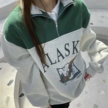 Vintage Fashion Women Cotton Stand Collar Zipper Alaska Letter Printing Long Sleeve Sweatshirts Casual Loose Sweatshirt 2021 Hot