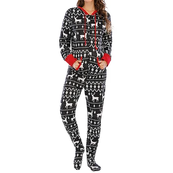 

2020 Jumpsuit Pajamas Women Winter Print Warm Long Sleeve Sleepwear Xmas Cute Zipper Up Hooded Nightwear Homewear Suits Woman