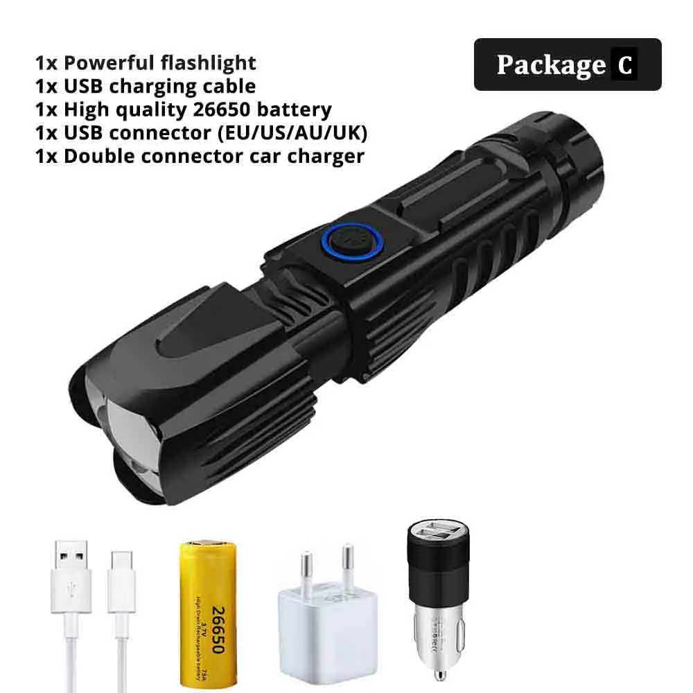 Package C Самый мощный XHP90 светодиодный светильник-вспышка Многофункциональный USB вход и выход тактический фонарь Водонепроницаемый Zoom 5 Режим рыболовный светильник - Испускаемый цвет: Package C