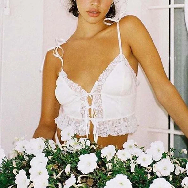 Frill Lace Sexy Crop Tops Tees Women Front Tie Sleeveless Cami Top White V Neck Spaghetti Strap Top Party Club