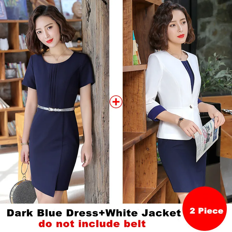 dark blue suit Платье с костюмом для женщин весеннее офисное женское платье с разрезом спереди для похудения куртка с рукавом 3/4 комплект из 2 предметов платье костюм 1909 - Цвет: dark blue suit