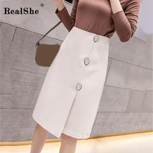 RealShe/Женская юбка миди с высокой талией и пуговицами, однотонные прямые юбки, Женская весенне-осенняя элегантная уличная юбка миди