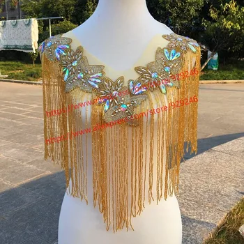 

luxurious gold tassel collar neckline butterfly flower AB crystal necklace for wedding dress decoration dancing costume trims