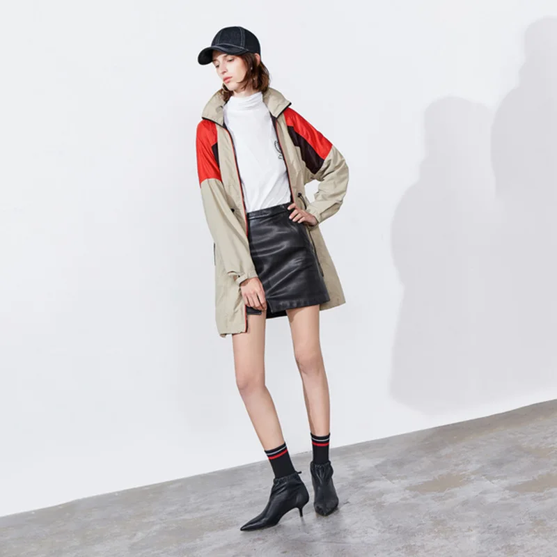 

LL 2019 Autumn New Style Contrast Color Drawstring Waist Hugging Zipper Feature Bag Trench Coat 119319c1933