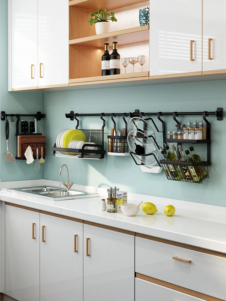 Kitchen rack stainless steel wall hanging pendant without piercing black drain bowl rack knife rack receiving rack