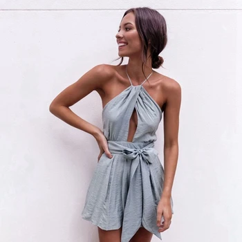 

Women Summer Jumpsuit Camisole Bow Reveal Solid Color Romper V neck Cross Hollow Casual Overalls