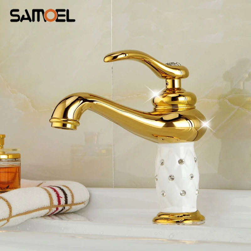 Fashion Solid Brass Golden Plated White ceramic with Diamond Basin Mixer Taps Deck Mounted Sink Faucet G1079 | Обустройство дома