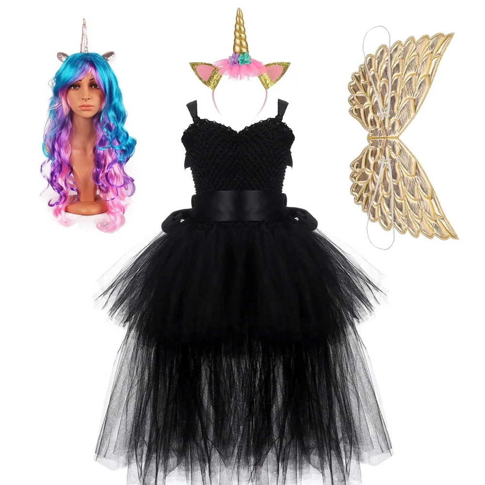 

Cosplay Pony Costume Christmas Girls Unicorn Long Tail Dress with Angel Wings Wig Princess Birthday Party Ball Gown for Kids