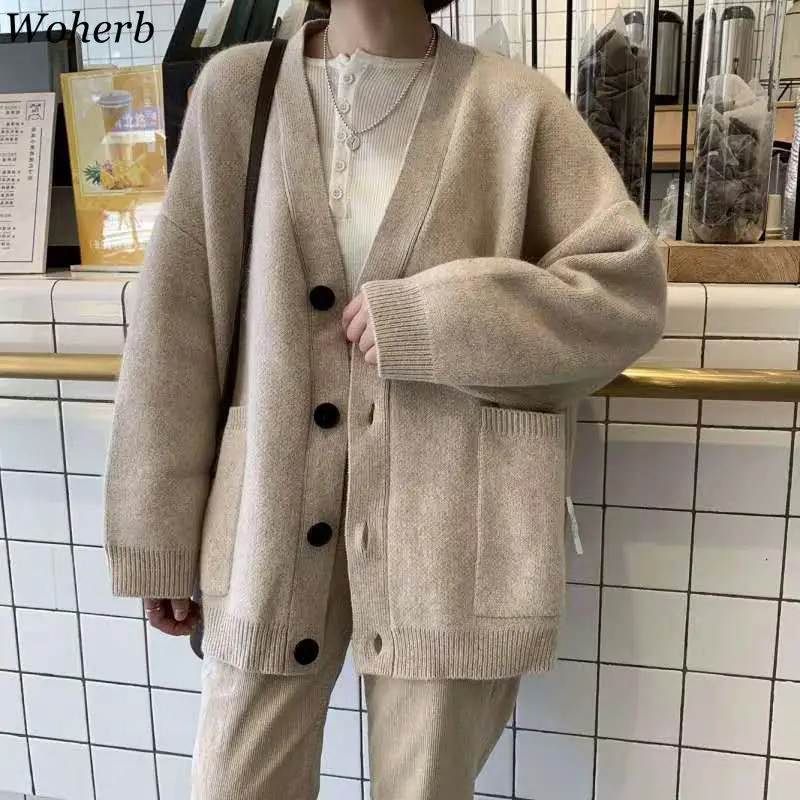 Online Woherb Nero Lavorato A Maglia Donne Maglione Con Scollo A V A Maniche Lunghe Cardigan di Colore Solido Dell annata di Harajuku casual Allentato Magliette e camicette di Modo Nuovo 90728