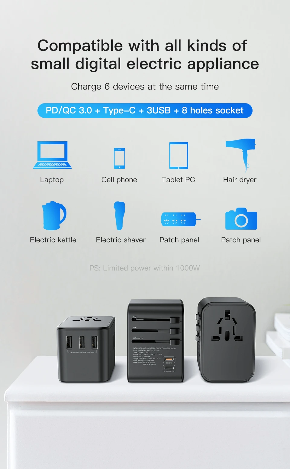 KUULAA PD 3,0 USB зарядное устройство адаптер для путешествий Универсальный адаптер питания EU/US/UK/AU Быстрая зарядка международные вилки розетка конвертер