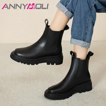 

ANNYMOLI Chelsea Boots Woman High Heel Ankle Boots Block Heel Short Boots Fur Round Toe Female Shoes Autumn Winter Black Size 42