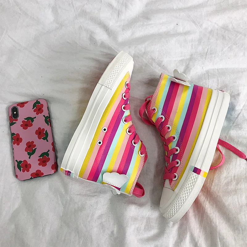 Womens Round Toe Angel Rainbow Colors Sneakers Skateboard Lace Up Platform Shoes High Top Korean Style Girls Preppy Cute A1545