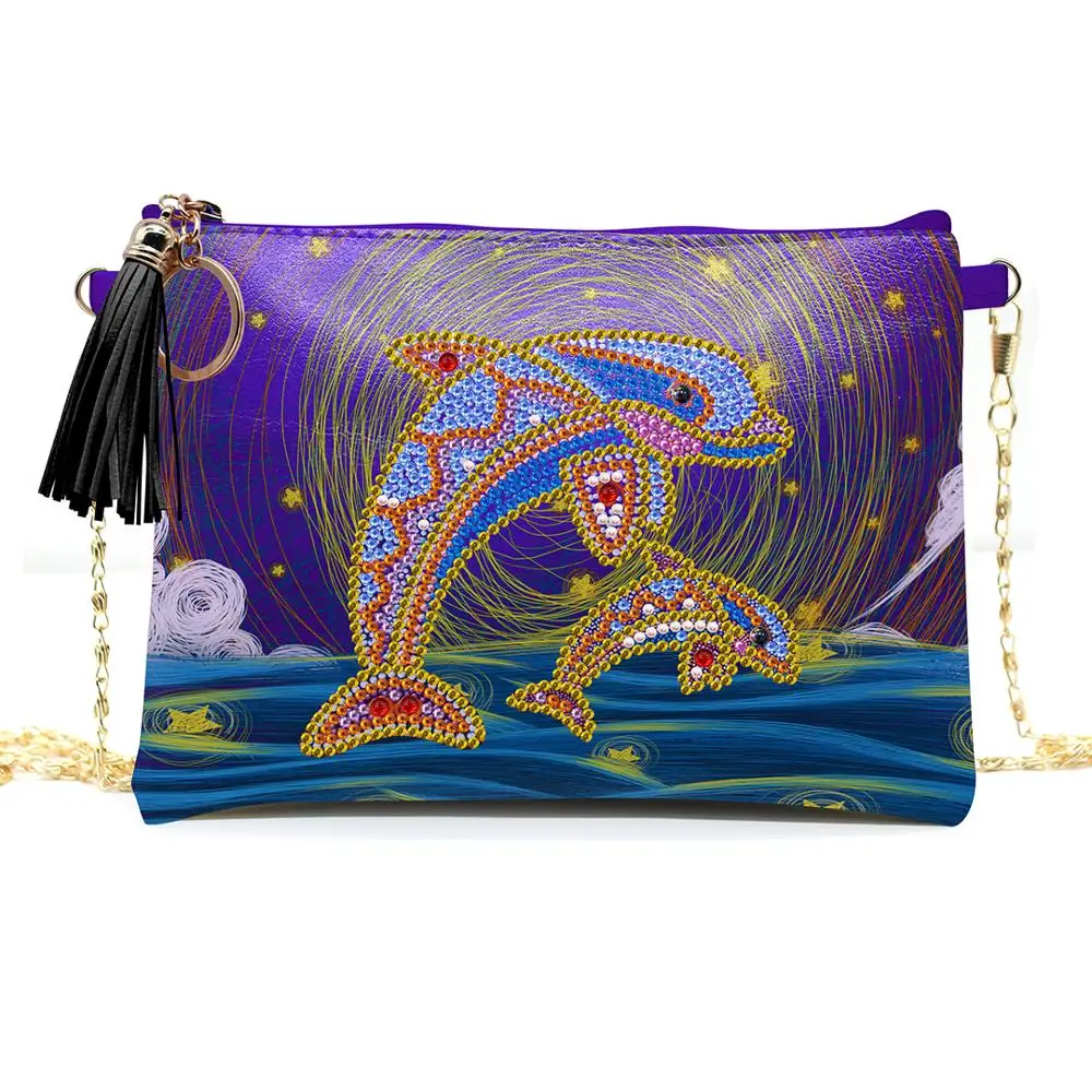 

DIY Special Shape Diamond Painting Wallet dolphin Pattern Chain Shoulder Bag Leather Women Clutch Storage Bag Christmas Gift