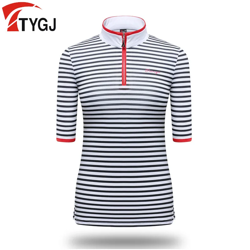 Женская Полосатая Рубашка для гольфа, женские топы с короткими рукавами для похудения, футболка для гольфа на молнии со стоячим воротником, тренировочная одежда D0803