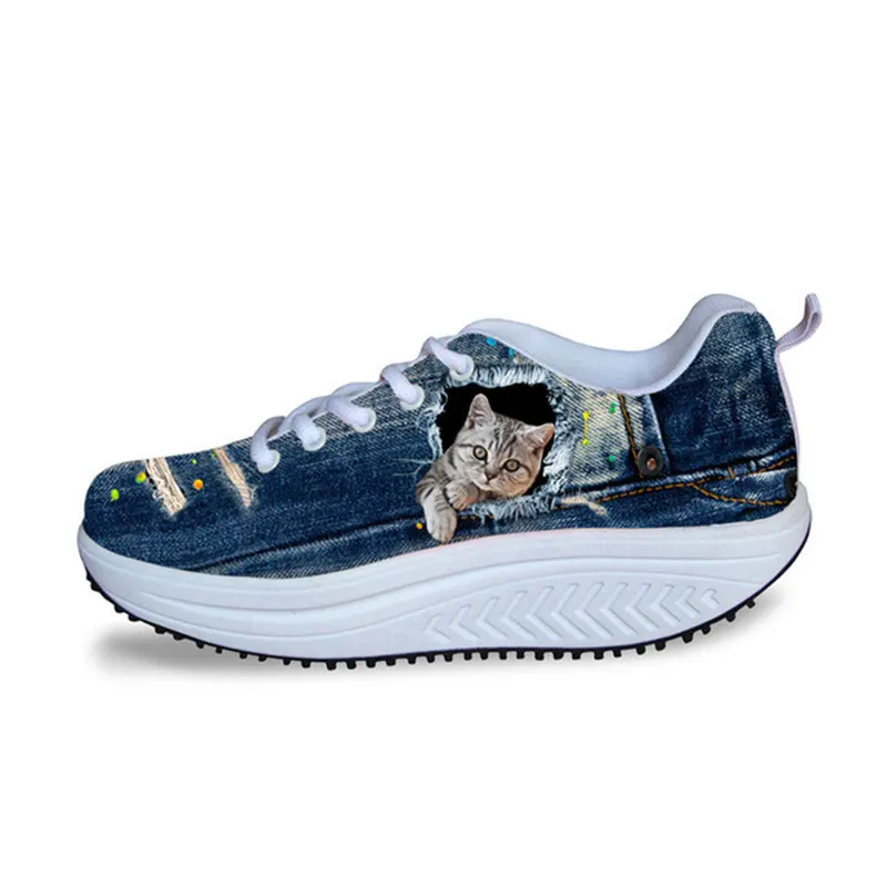 Женские кроссовки Koko cat; обувь для танцев на платформе; Джинсовая повседневная женская обувь с принтом кота; кроссовки из сетчатого материала, визуально увеличивающие рост - Цвет: CA4914AS