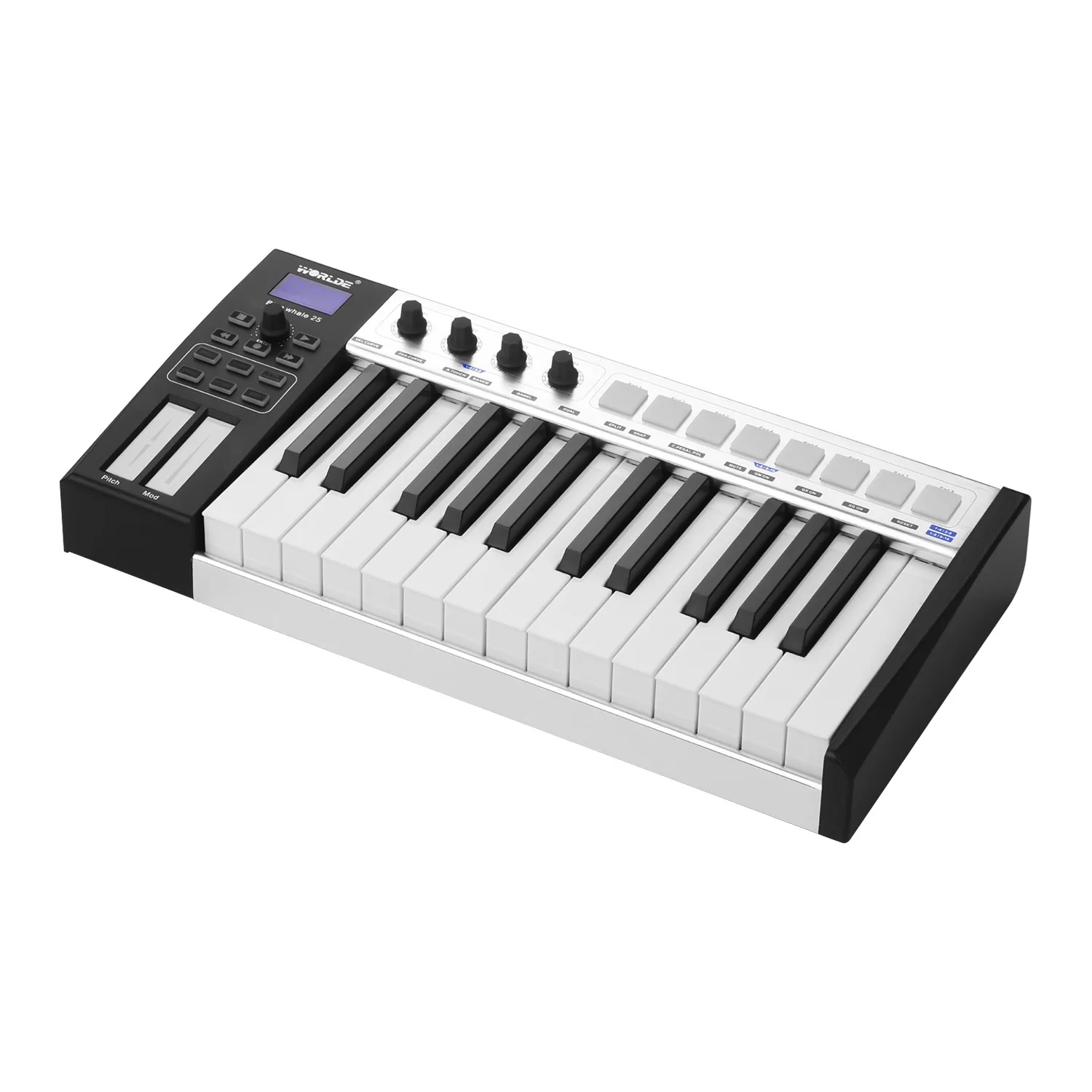 WORLDE Blue whale 25 Портативный USB MIDI контроллер клавиатуры 25 полу-взвешенные клавиши триггерные подушки светодиодный дисплей с USB кабелем