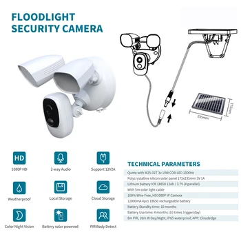 

1080P Outdoor Floodlight Camera 12000mAh Battery Solar Powered Night Vision Two Way Talk Cloud Camera WiFi Garage Garden Light