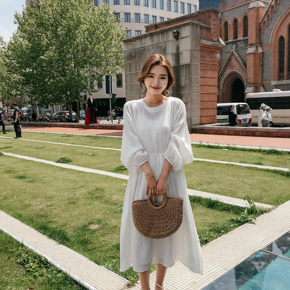 

Photo Shoot 2018 Autumn New Style Korean-style WOMEN'S Wear INS Gentle Wind Loose-Fit Waist Hugging Slimming White Fairy Dress