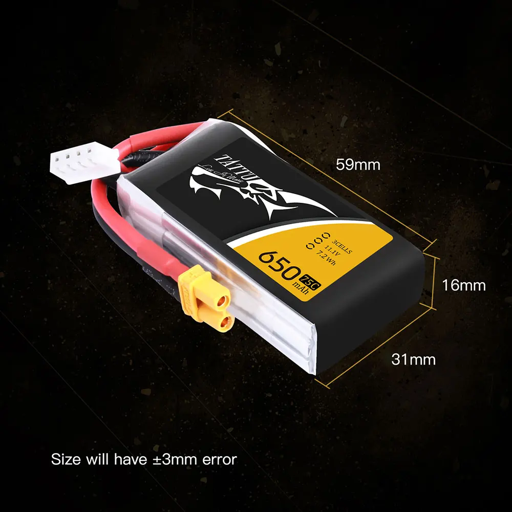 Литий-полимерный аккумулятор tattu 11,1 v 14,8 v 650mAh 3S 4S 75C RC аккумулятор с разъемом XT30 для рамы дрона FPV 150 размера