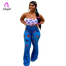 Синие джинсы с вышивкой, Женские винтажные длинные расклешенные джинсы с высокой талией, женские эластичные джинсовые брюки на молнии в стиле ретро