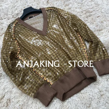 

2020 Spring Autumn Ms. Sweater V-neck Simple Top Fashion Sequined Casual Pullover