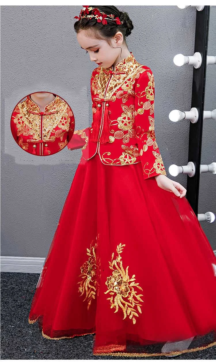 Детское китайское свадебное платье; Qipao; детская одежда для девочек; красное платье с вышивкой в виде цветов Феникса; платья принцессы в восточном стиле; Qi Pao Hanfu
