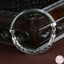 Подлинное серебро 925 пробы тайский браслет черные сандаловые браслеты для женщин винтажный полый дизайн Браслет-манжета Femme для мужчин