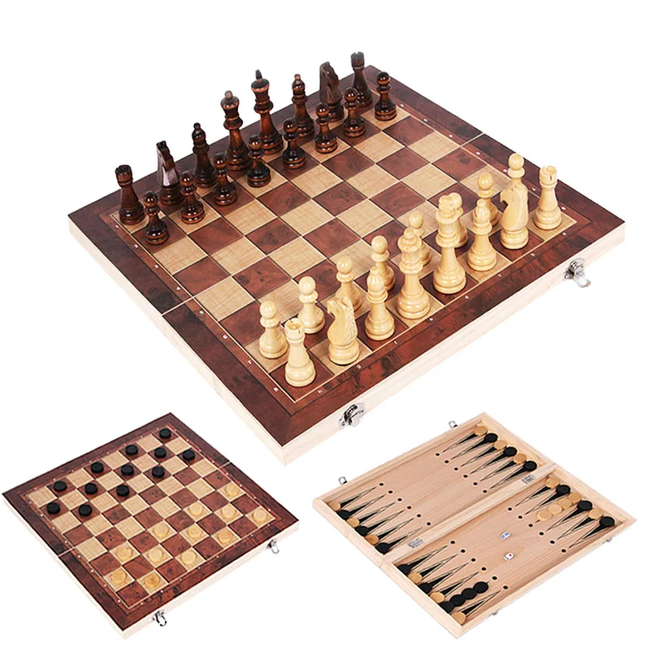 Chess Game  3 In 1 Chess Set Wooden Backgammon Checkers Indoor Travel Chess Wooden Folding Chessboard Chess Pieces Chessman