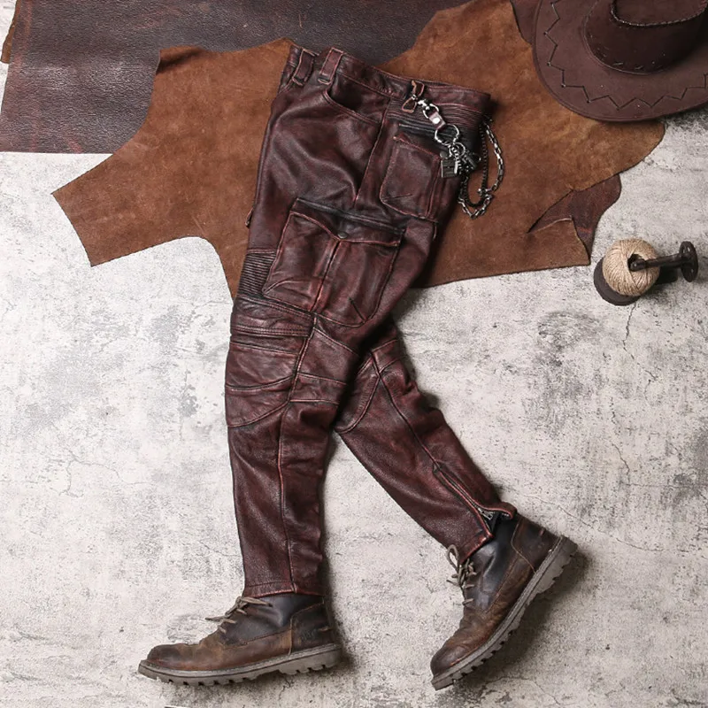 Vintage Red Brown Winter Leather Trousers Men Motorcycle Style
