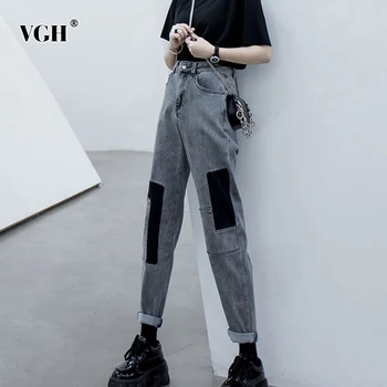 

VGH Vintage Patchwork Women Ankle-Line Pants High Waist Hit Color Asymmetrical Loose Denim Pencil Pant For Female Fashion Tide