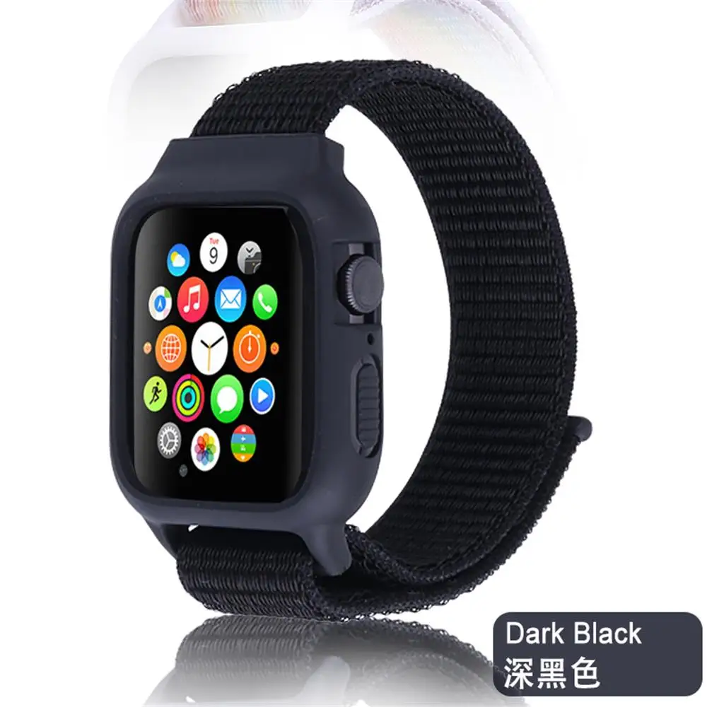 dark black Чехол+ ремешок для часов apple watch band iwatch 5 4 3 pulseira correa apple watch 42 мм 44 мм 38 мм 40 мм нейлоновый браслет+ силиконовый чехол - Цвет ремешка: dark black