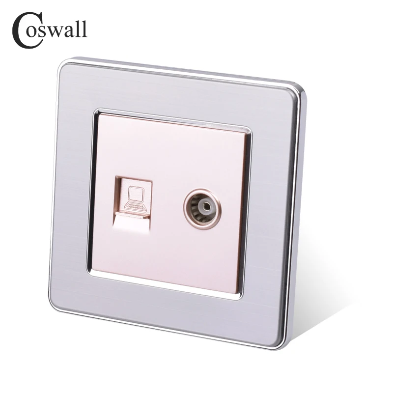 COSWALL RJ45 Интернет данных компьютерный разъем CAT5E разъем с женский ТВ выход нержавеющая сталь матовая панель настенная розетка